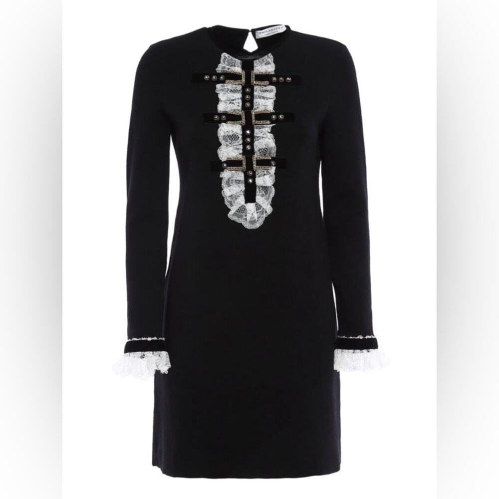 PHILOSOPHY DI LORENZO SERAFINI S Baroque black wool dress rhinestone bows